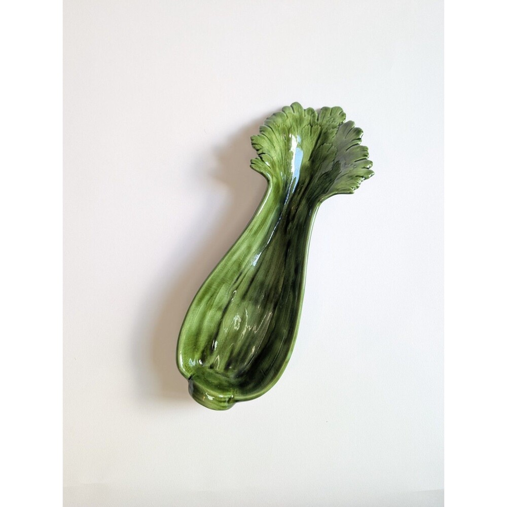 Vintage Handmade Ceramic Celery Shaped Serving Dish Retro Kitschy 1960's